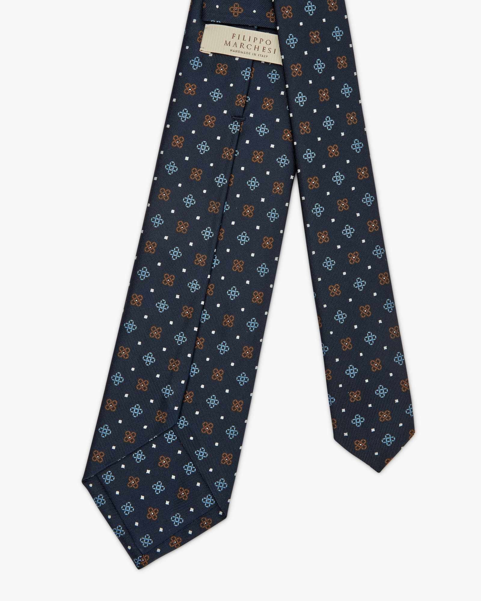 7-Fold Floral Printed English Silk Tie - Blue Brown