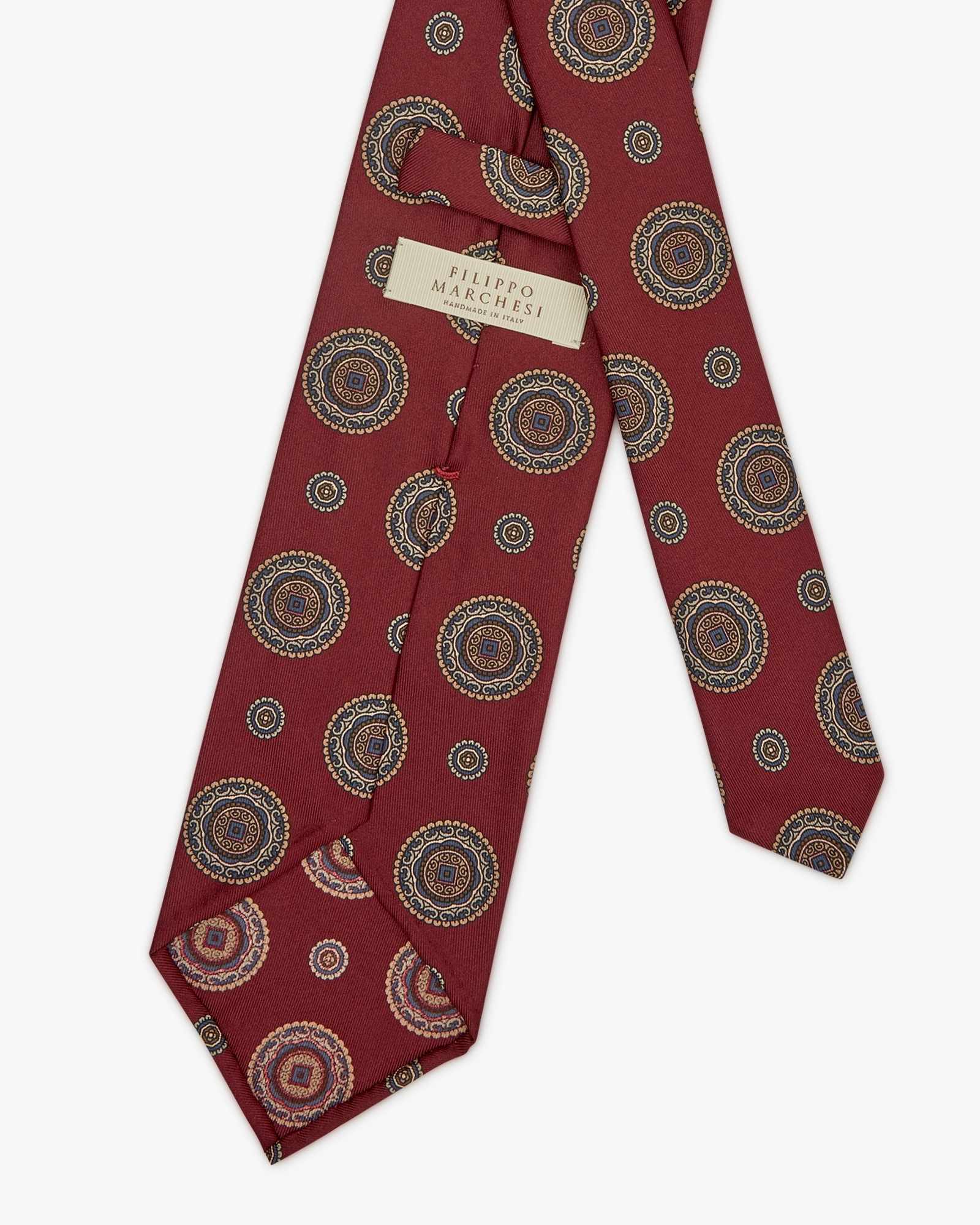 3-Fold Medallion Printed Italian Silk Tie - Burgundy