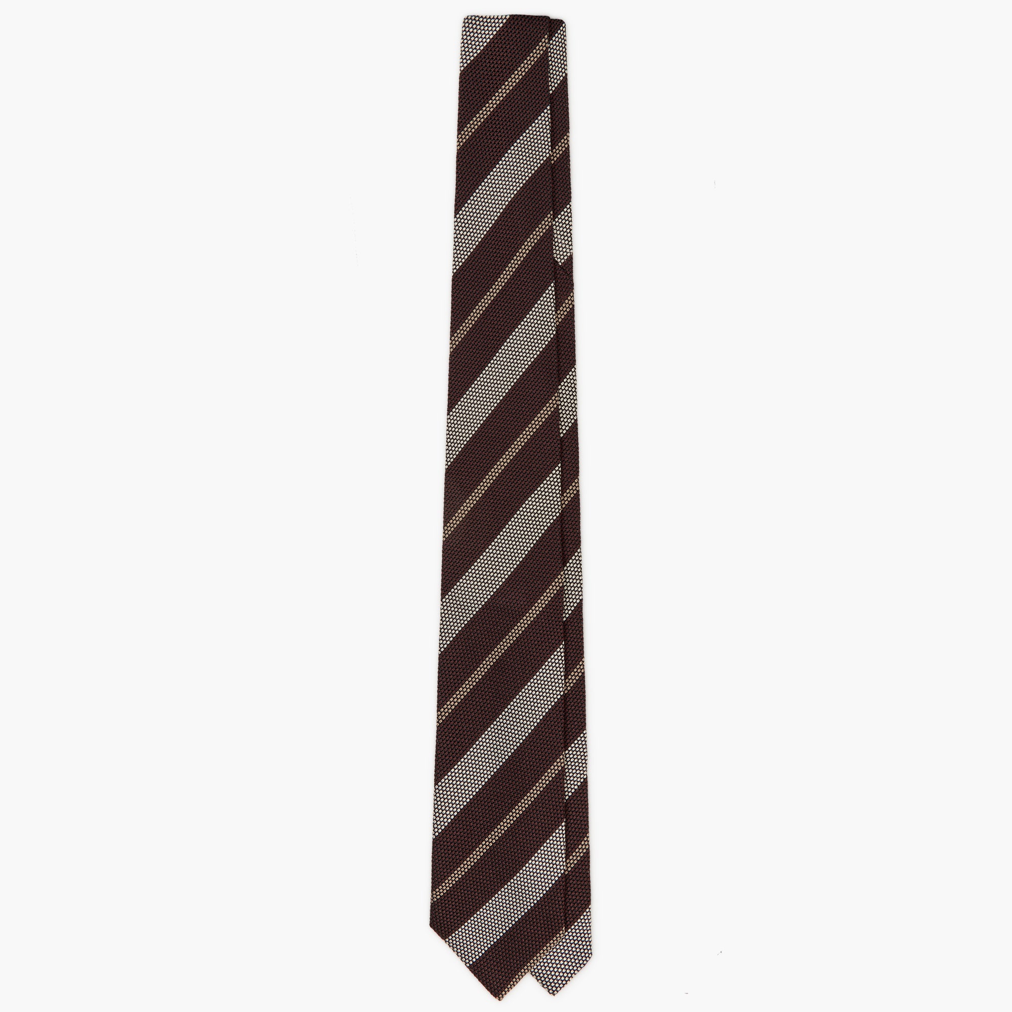 Cravatta 3 Pieghe In Seta Grenadine A Righe - Rosso Borgogna Crema