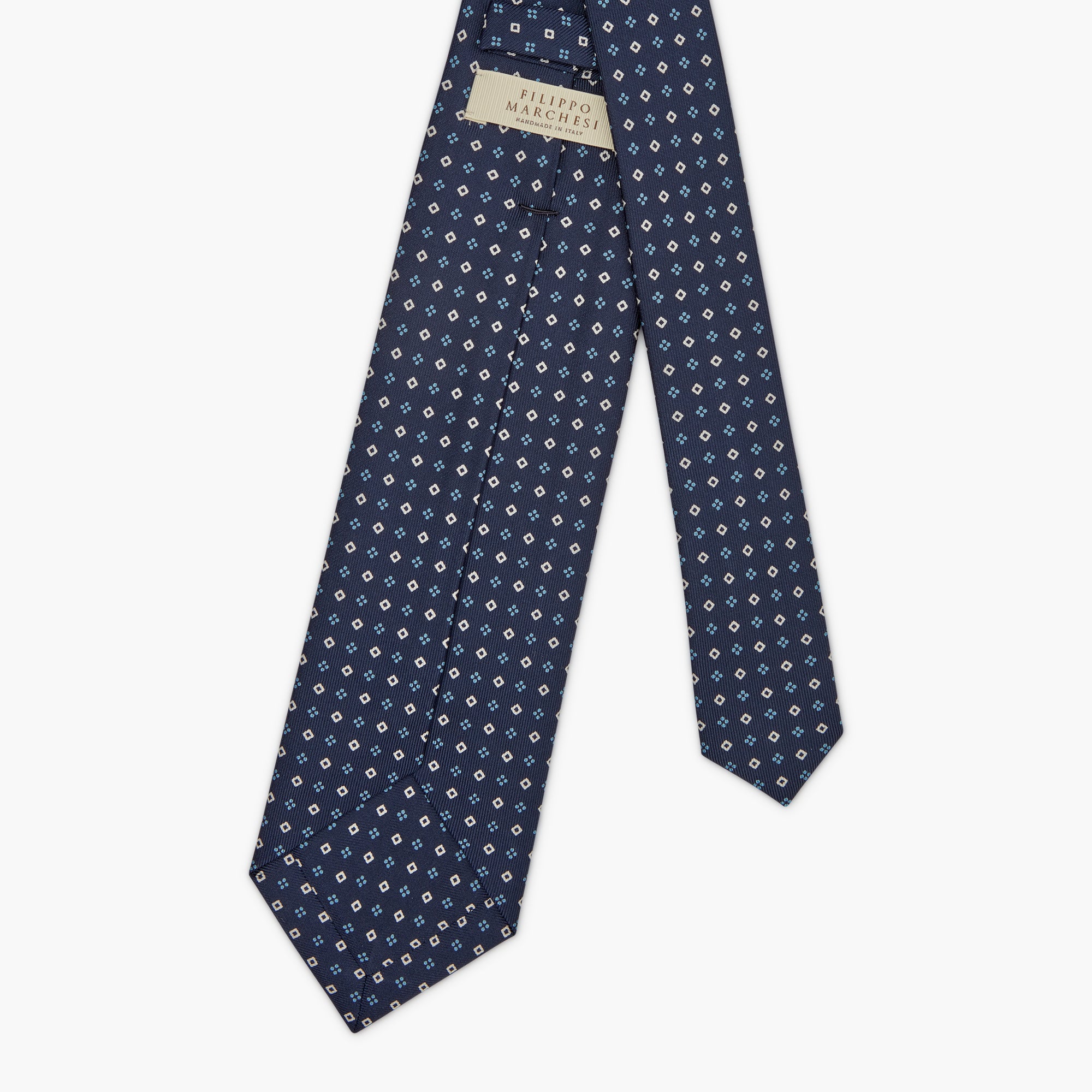 Cravatta 7 Pieghe In Seta Inglese Stampata Con Diamanti - Blu Bianco