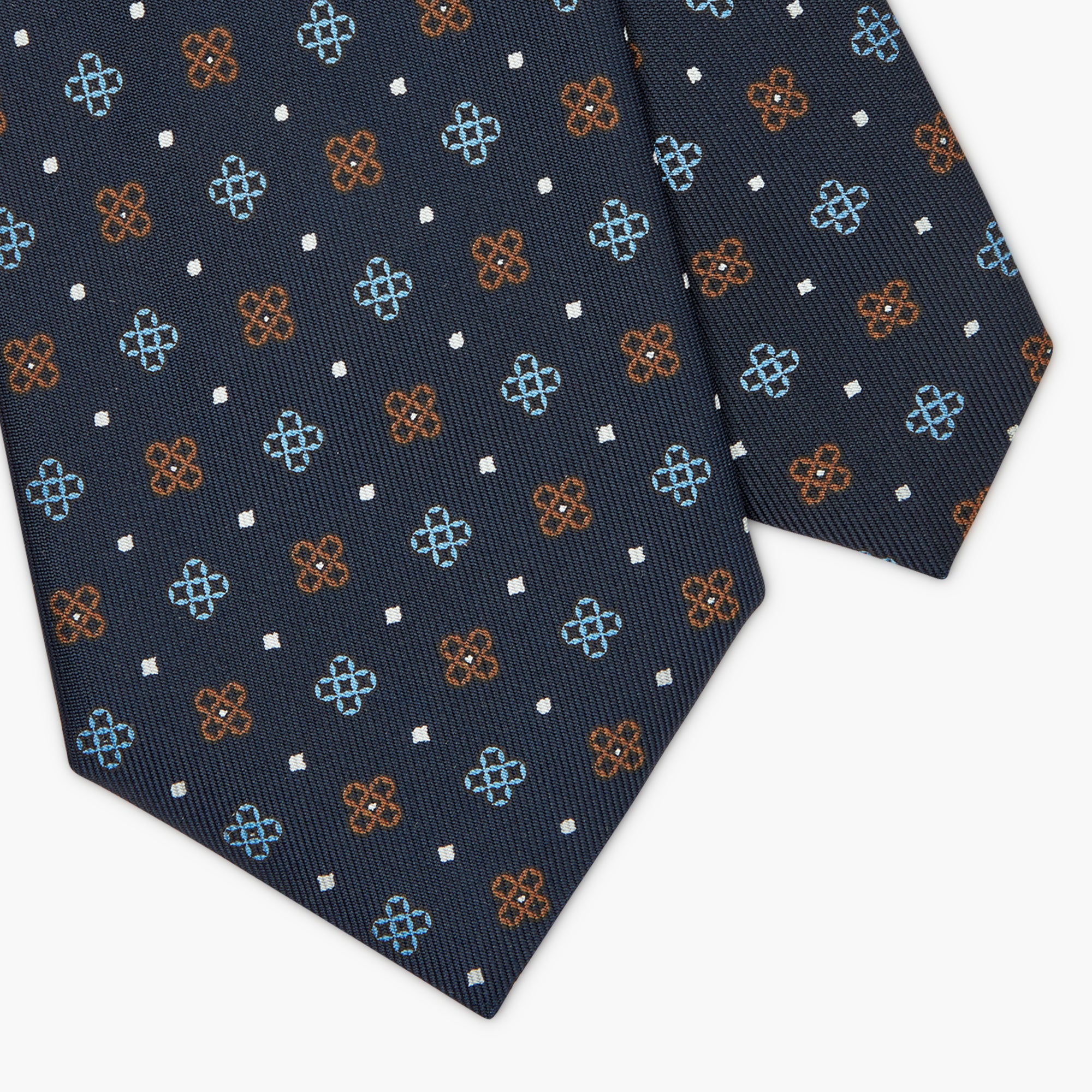 7-Fold Floral Printed English Silk Tie - Blue Brown