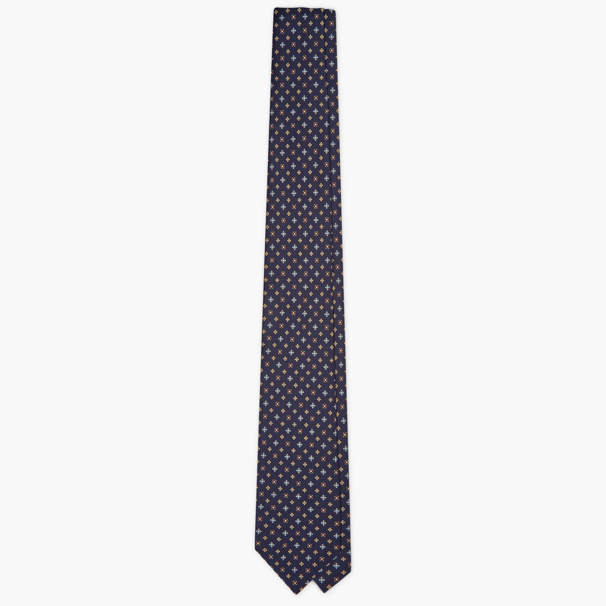Cravatta 7 Pieghe In Seta Inglese Stampata Floreale - Blu Giallo