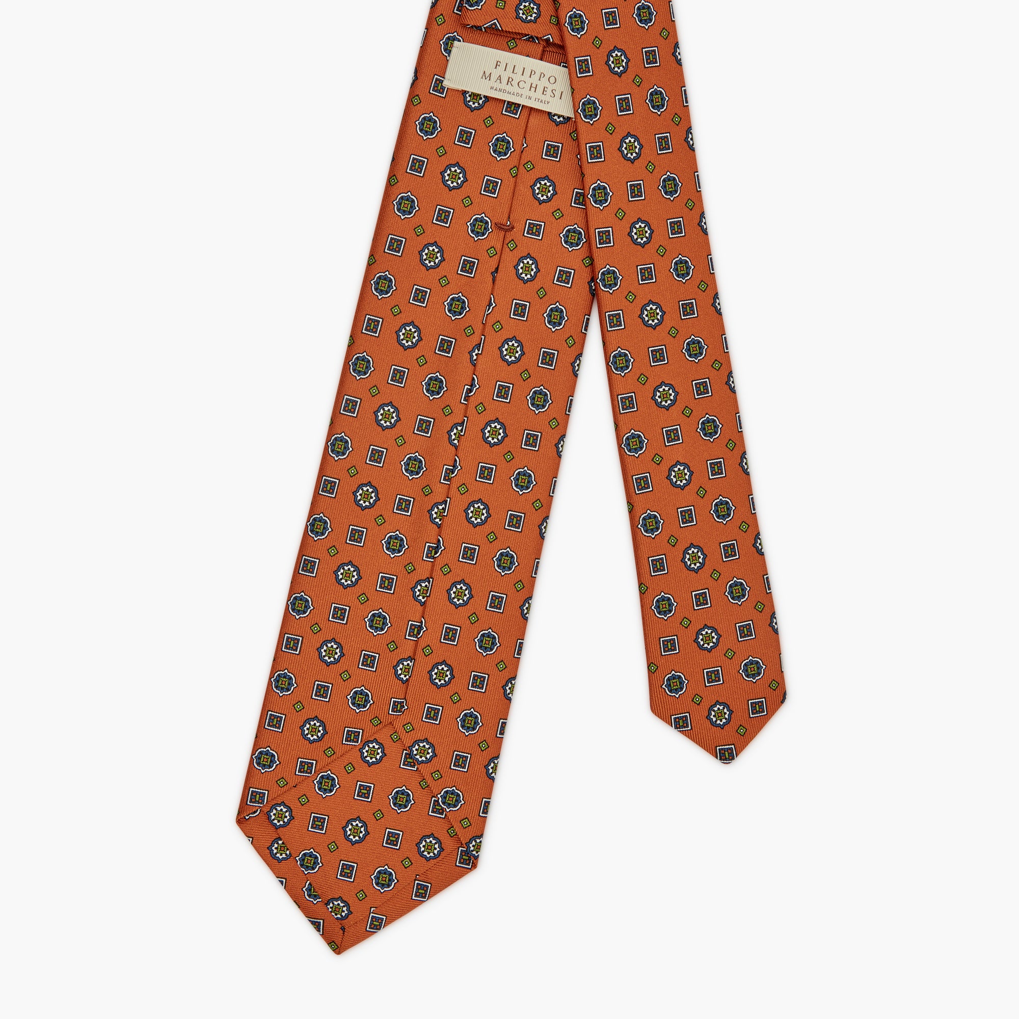Cravatta 7 Pieghe In Seta Inglese Stampata Con Medaglioni - Arancione