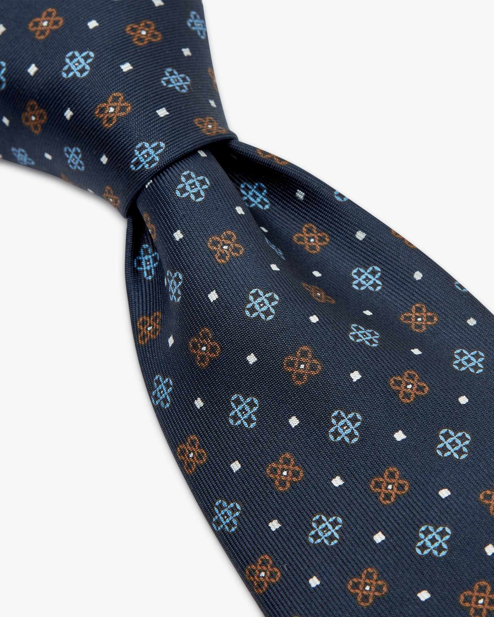 7-Fold Floral Printed English Silk Tie - Blue Brown