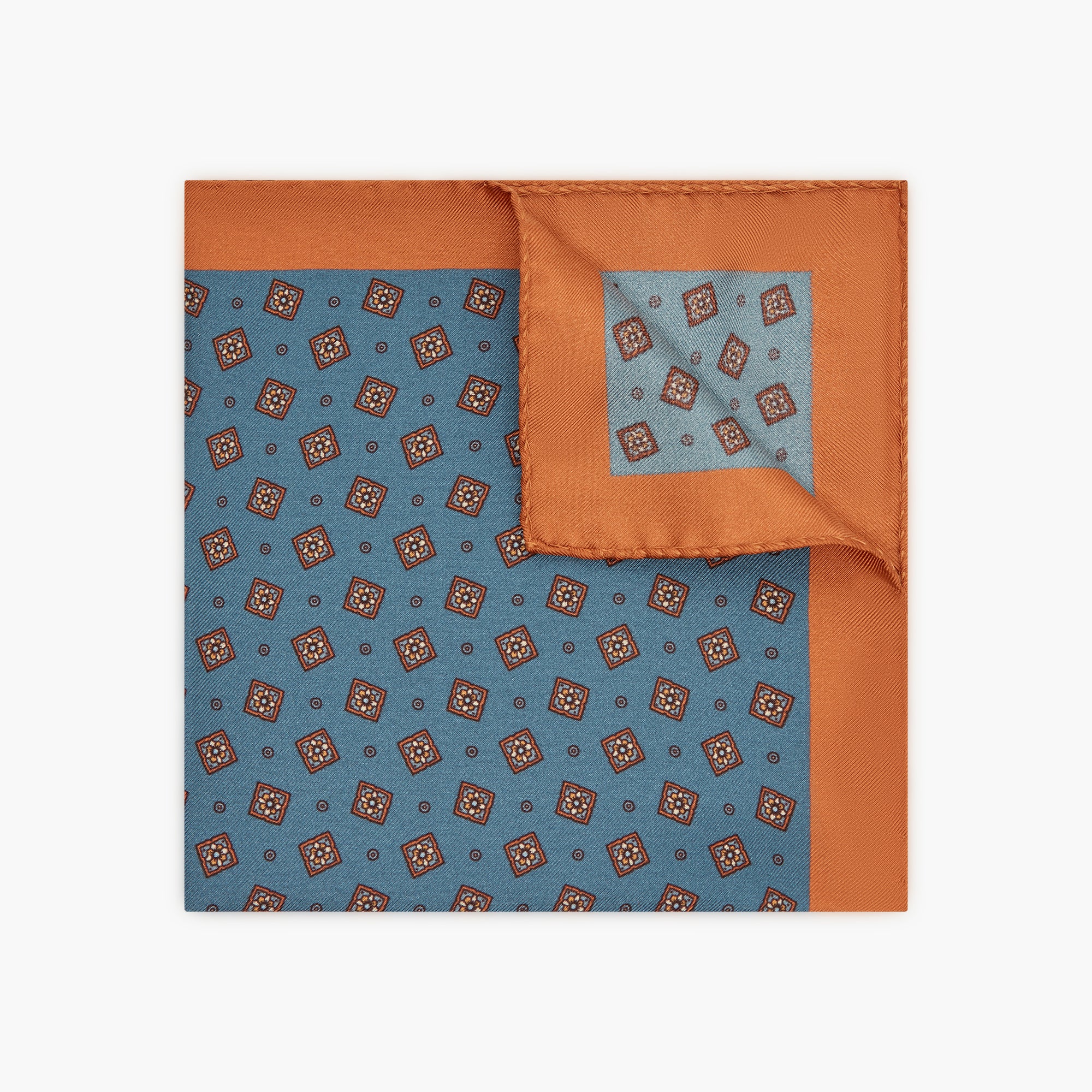 Floral Printed Silk Pocket Square - Blue Orange