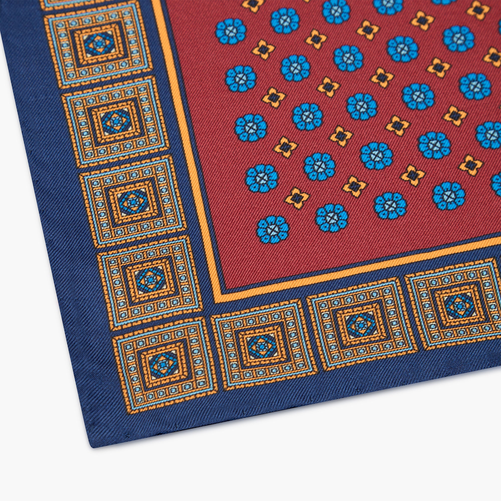 Floral Printed Silk Pocket Square - Bordeaux Blue