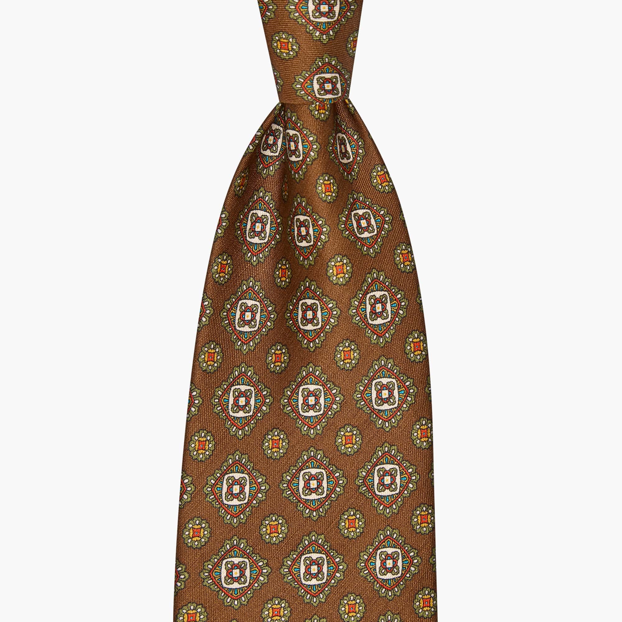 3-Fold Floral Printed Silk And Linen Tie - Brown
