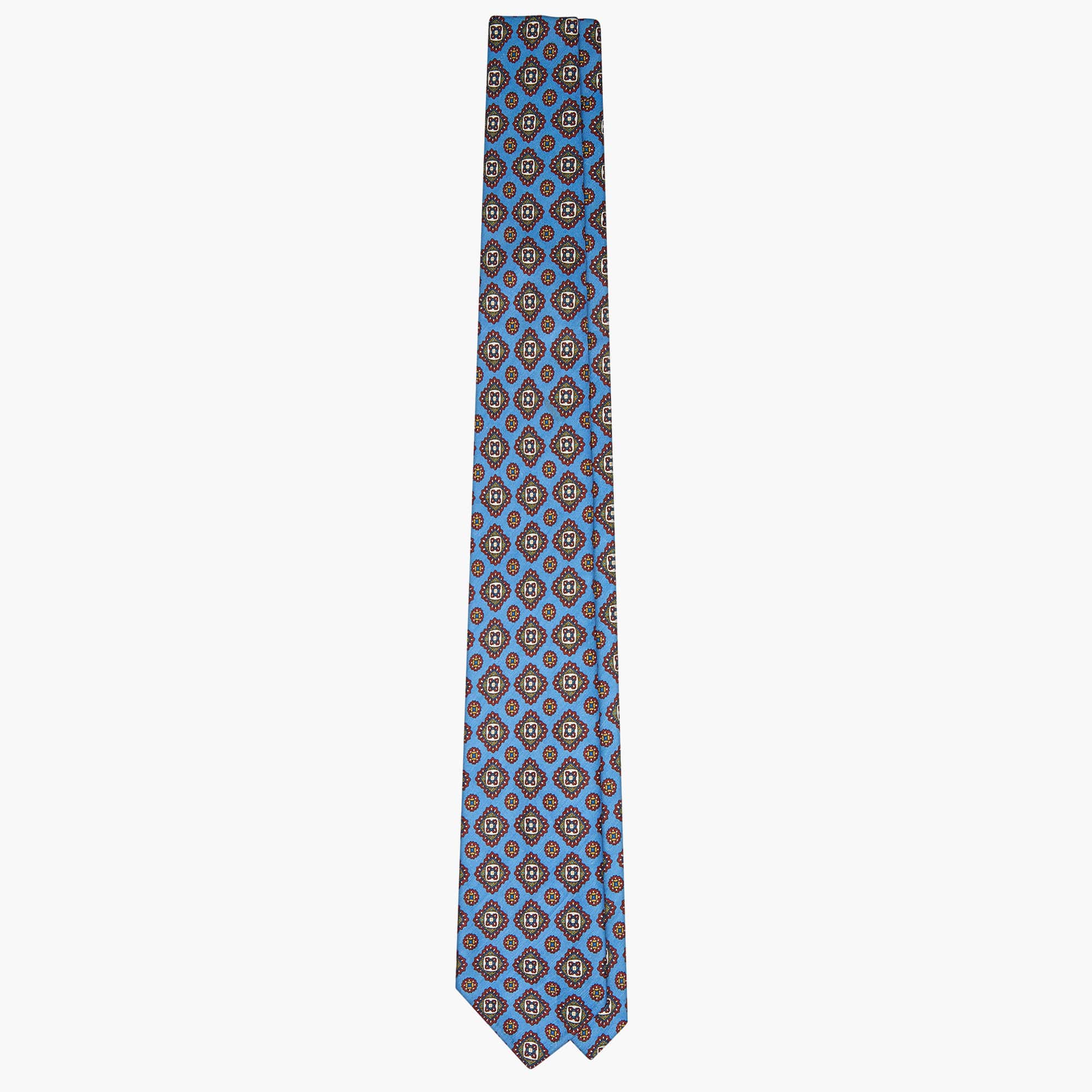3-Fold Floral Printed Silk And Linen Tie - Blue
