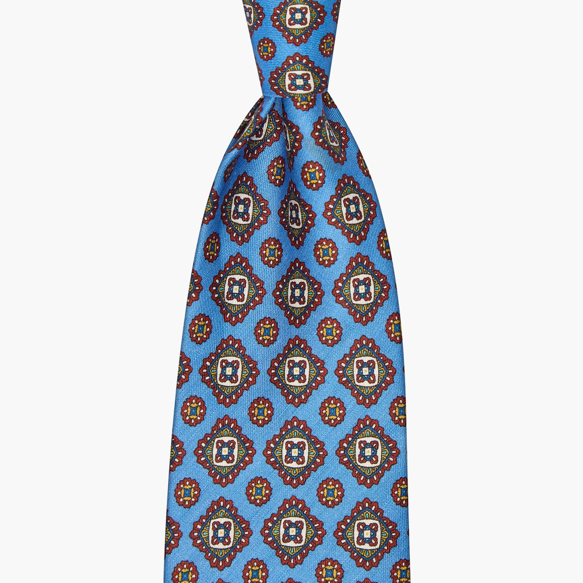3-Fold Floral Printed Silk And Linen Tie - Blue
